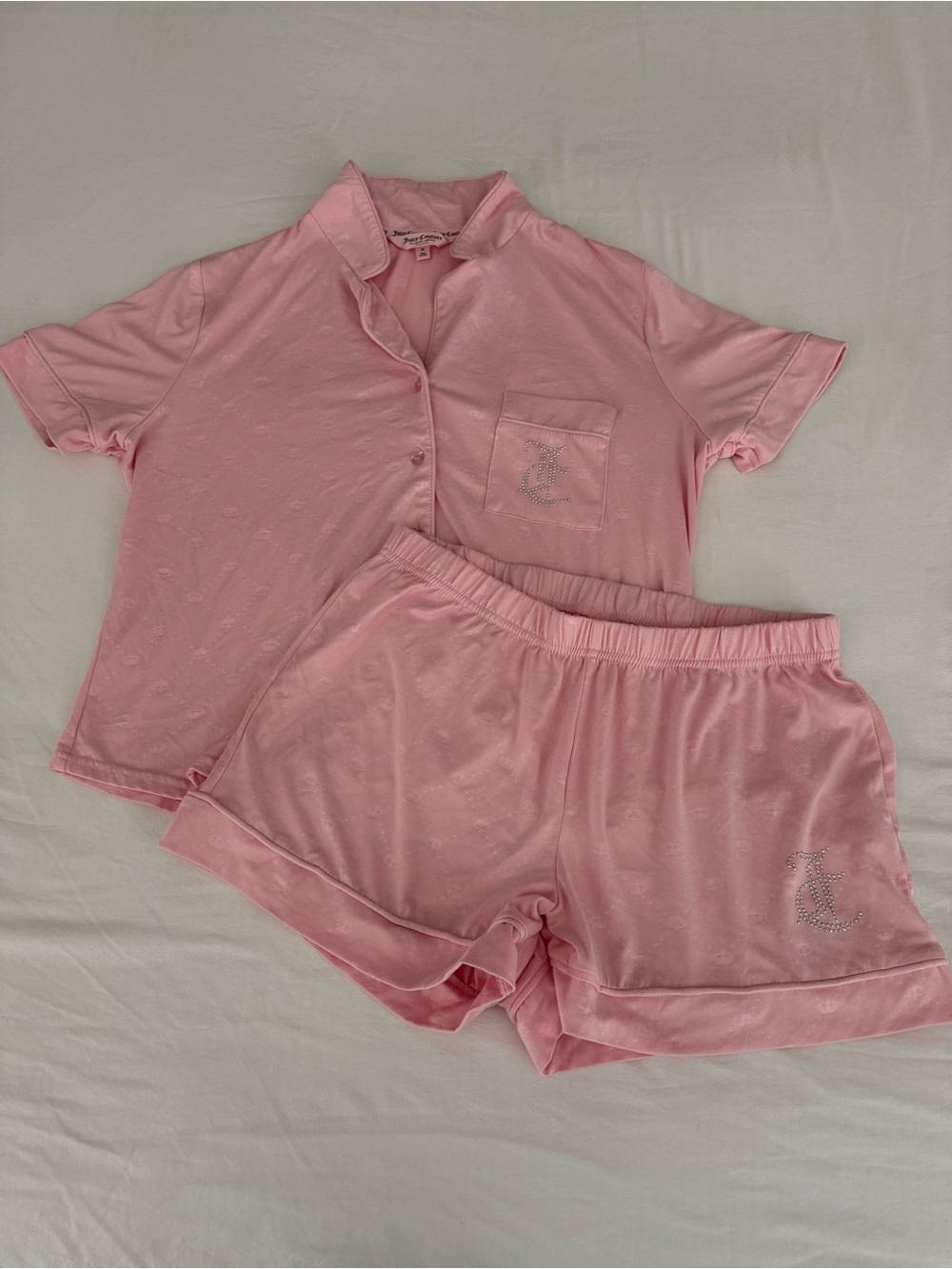 Juicy Couture Pink Rhinestone Juicy Logo Y2K Pajama Shorts Set Size M McBling